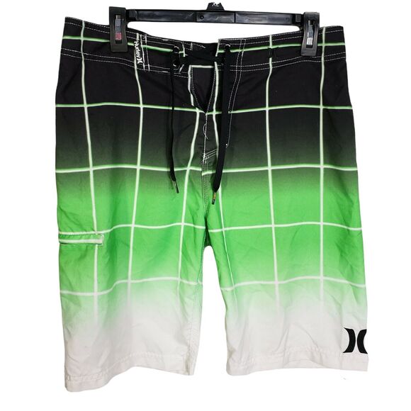 Hurley Men's Boardshorts Size 30 Graph Swim Green Black Logo Zip Pocket 21 Inch - Picture 1 of 12